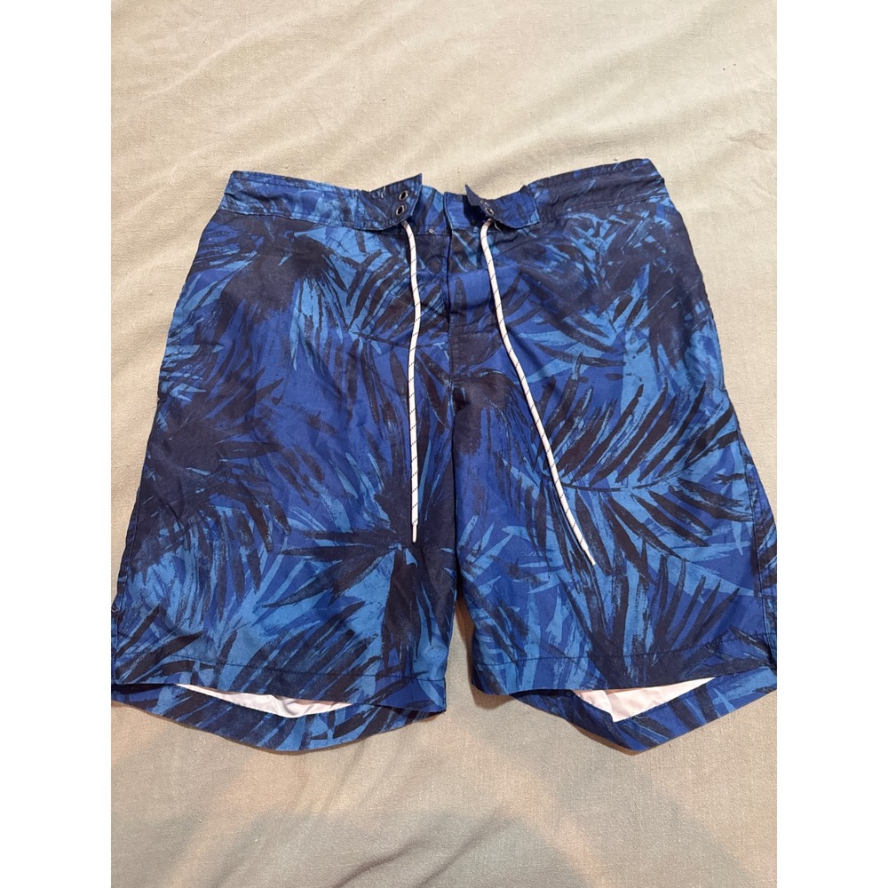 St Johns Bay Mens Blue Tropical Palm Leaf Print Swim Trunks Mesh Lined Large